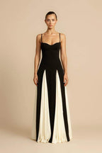 Spaghetti Strap Sweetheart Corset Bodice Pleated Godet Panel Maxi Dress
