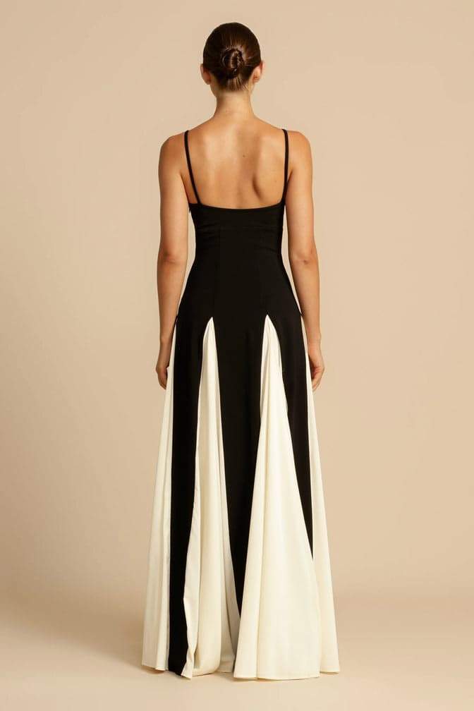 Spaghetti Strap Sweetheart Corset Bodice Pleated Godet Panel Maxi Dress