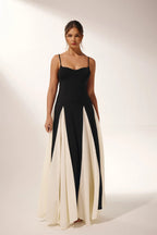 Spaghetti Strap Sweetheart Corset Bodice Pleated Godet Panel Maxi Dress