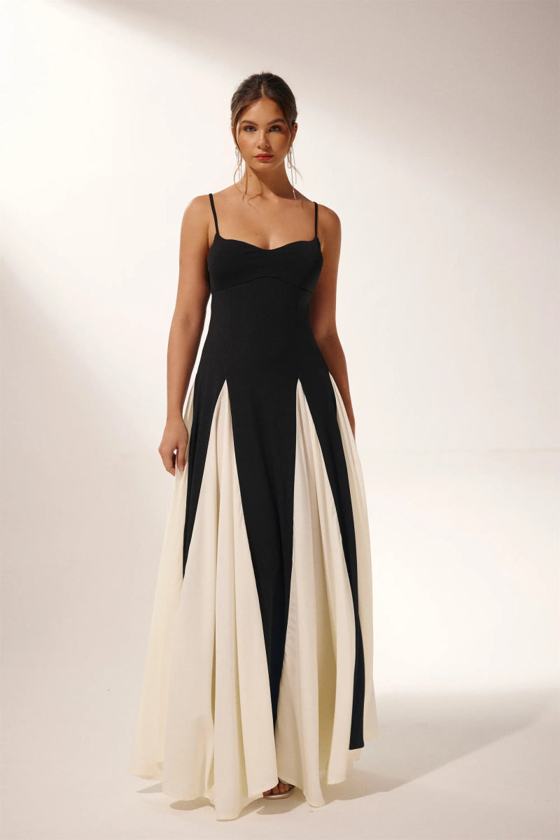 Spaghetti Strap Sweetheart Corset Bodice Pleated Godet Panel Maxi Dress