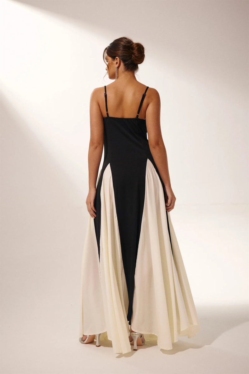 Spaghetti Strap Sweetheart Corset Bodice Pleated Godet Panel Maxi Dress