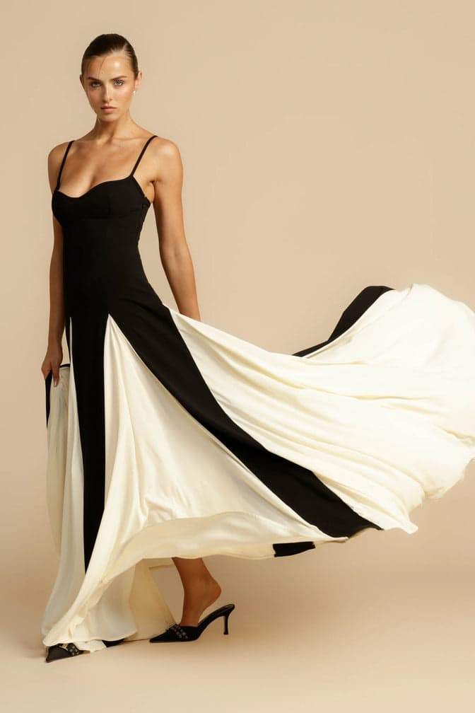Spaghetti Strap Sweetheart Corset Bodice Pleated Godet Panel Maxi Dress