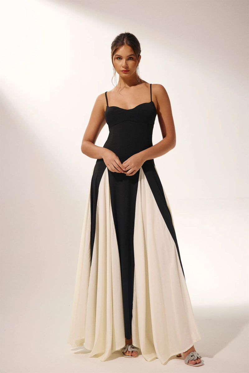 Spaghetti Strap Sweetheart Corset Bodice Pleated Godet Panel Maxi Dress