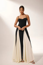 Spaghetti Strap Sweetheart Corset Bodice Pleated Godet Panel Maxi Dress