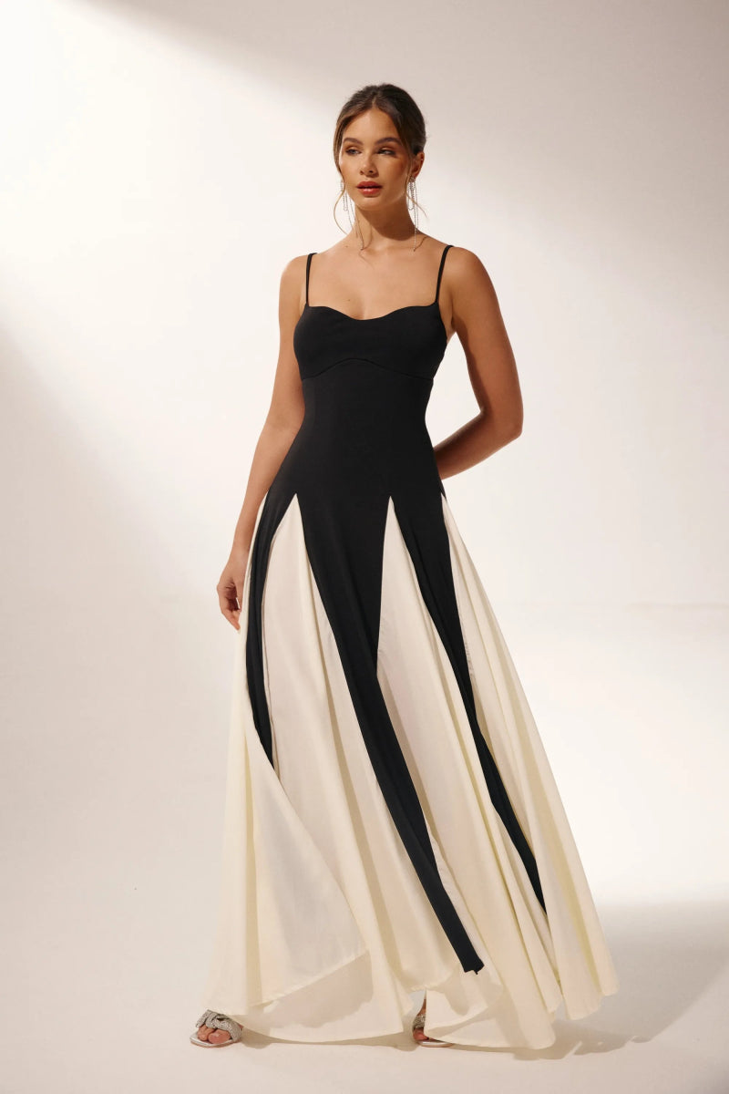 Spaghetti Strap Sweetheart Corset Bodice Pleated Godet Panel Maxi Dress