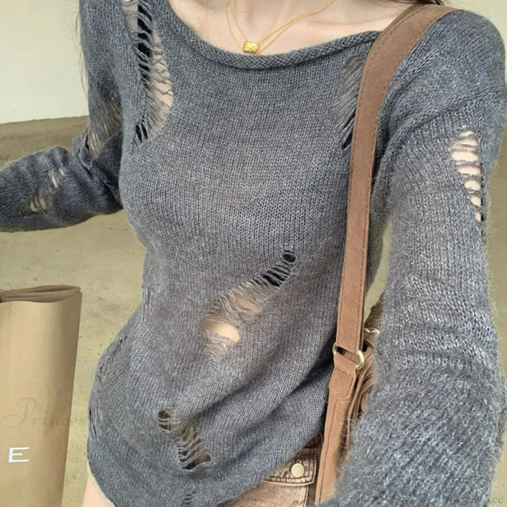 Grunge Hollow Out Knitted Sweater Slim Thin Pullover Knit Top