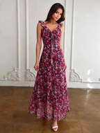 Daily Dresses For Women Red Shaping Flowers Sleeveless V-Neck Raised Waist Printed Dress