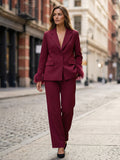 Feather Cuff 2 Piece Suit Set For Women - Red Elegant Blazer And Straight Leg Pants Co-ord- Spring Business Party Outfit 2026