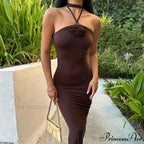 Halter Backless Floral Applique Fashion Gown Midi Dress