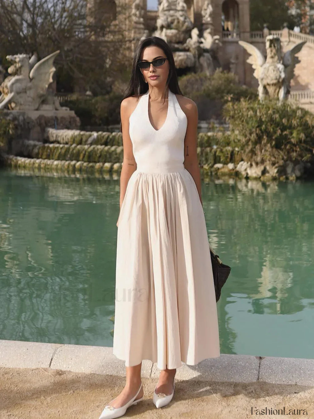 Off-white Halter Backless Pockets Dress