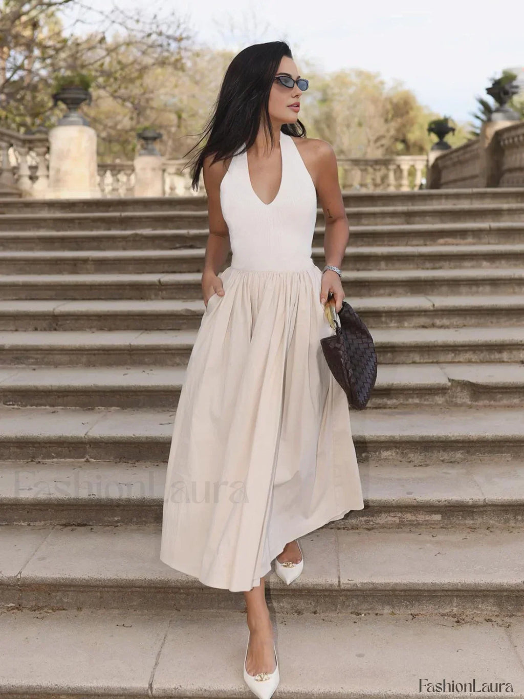 Off-white Halter Backless Pockets Dress