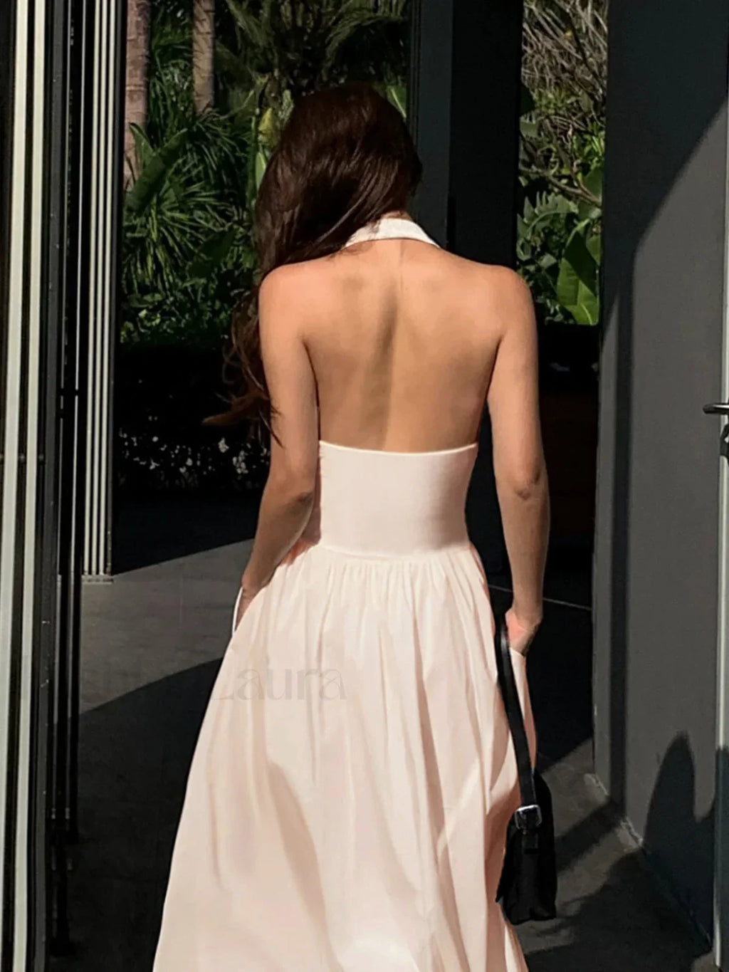 Off-white Halter Backless Pockets Dress