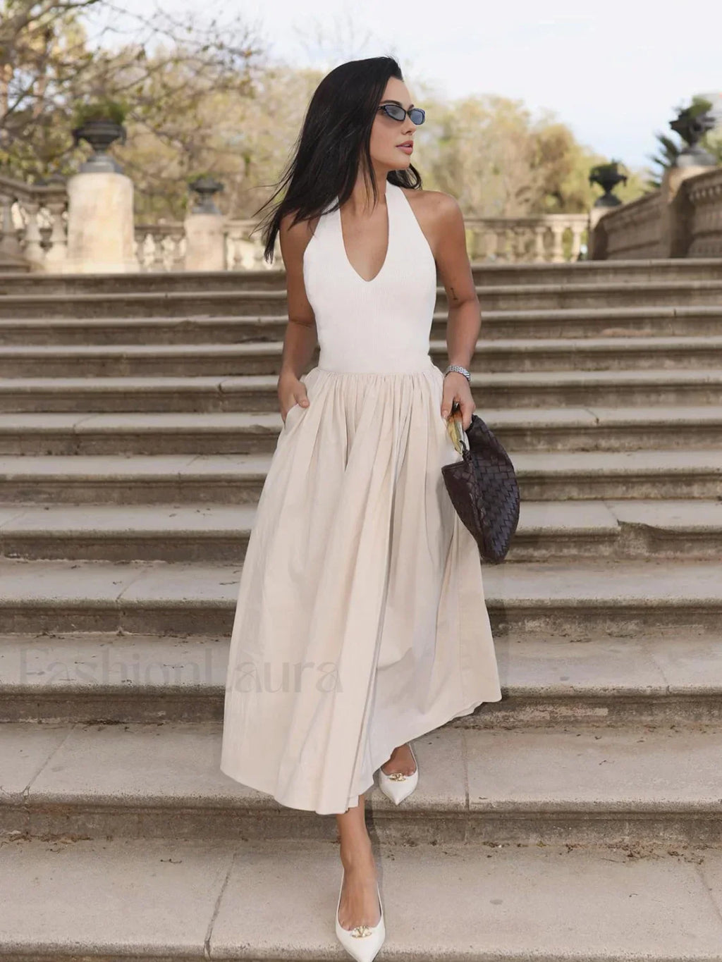 Off-white Halter Backless Pockets Dress