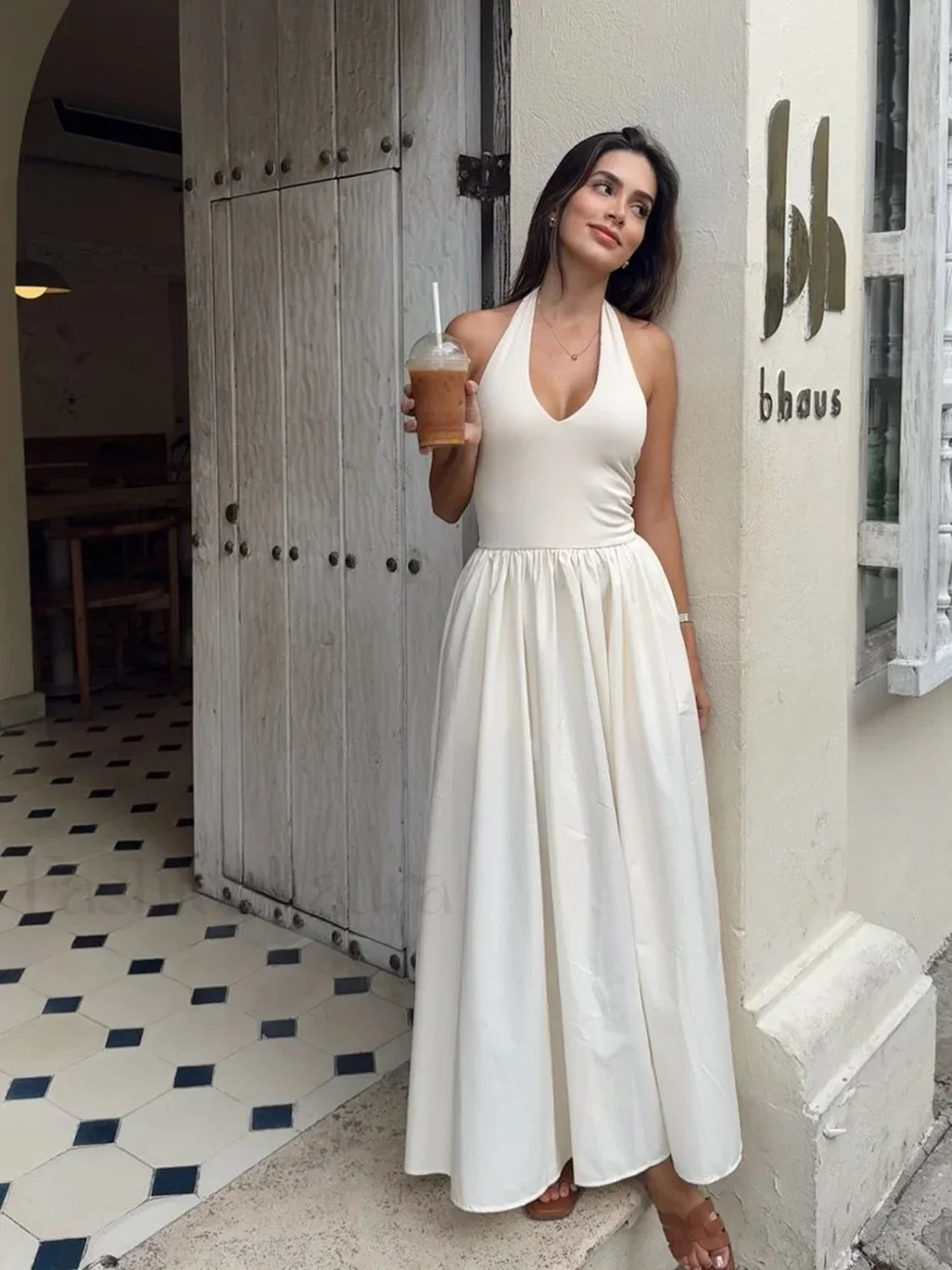 Off-white Halter Backless Pockets Dress