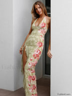 Light Green Halter Backless Split Floral Dress