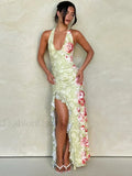 Light Green Halter Backless Split Floral Dress