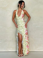 Light Green Halter Backless Split Floral Dress