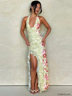 Light Green Halter Backless Split Floral Dress