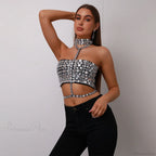 Halter Beaded Lace-Up Bandage Crop Prom Dress