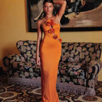 Halter Cutout Floral Slim Fit Maxi Prom Dress