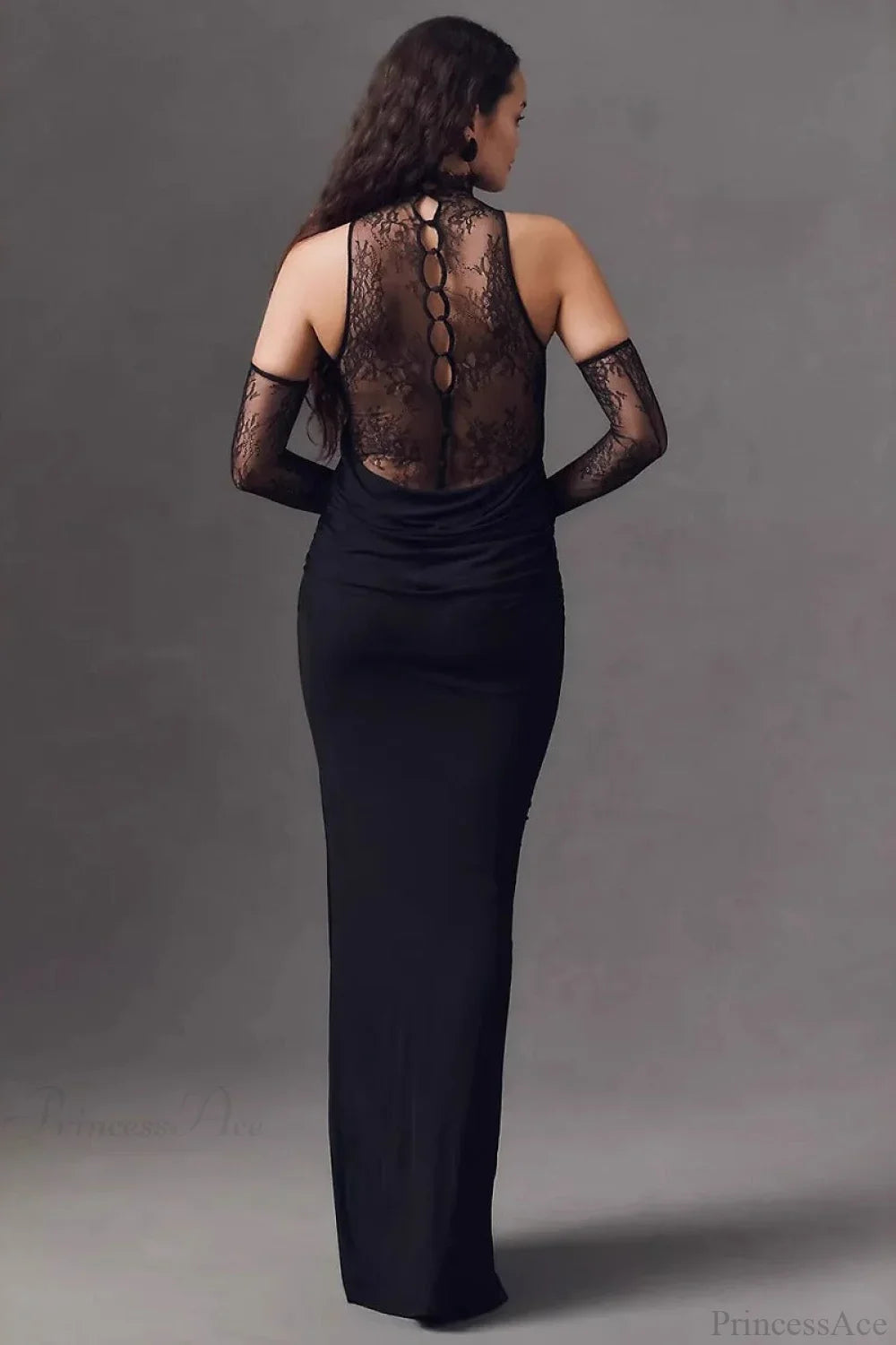 Halter Lace Paneled Deep V Ruched Evening Dress