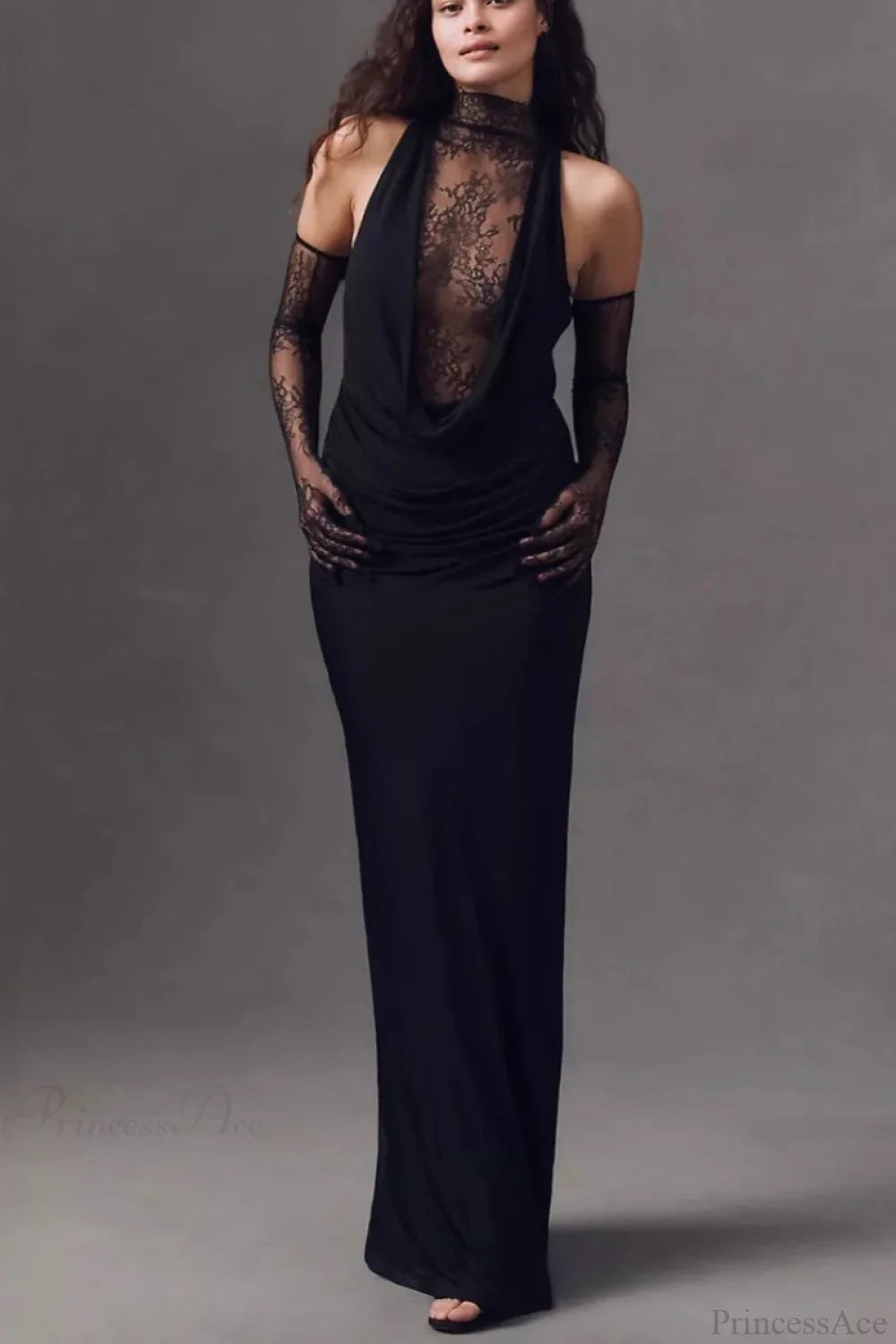 Halter Lace Paneled Deep V Ruched Evening Dress