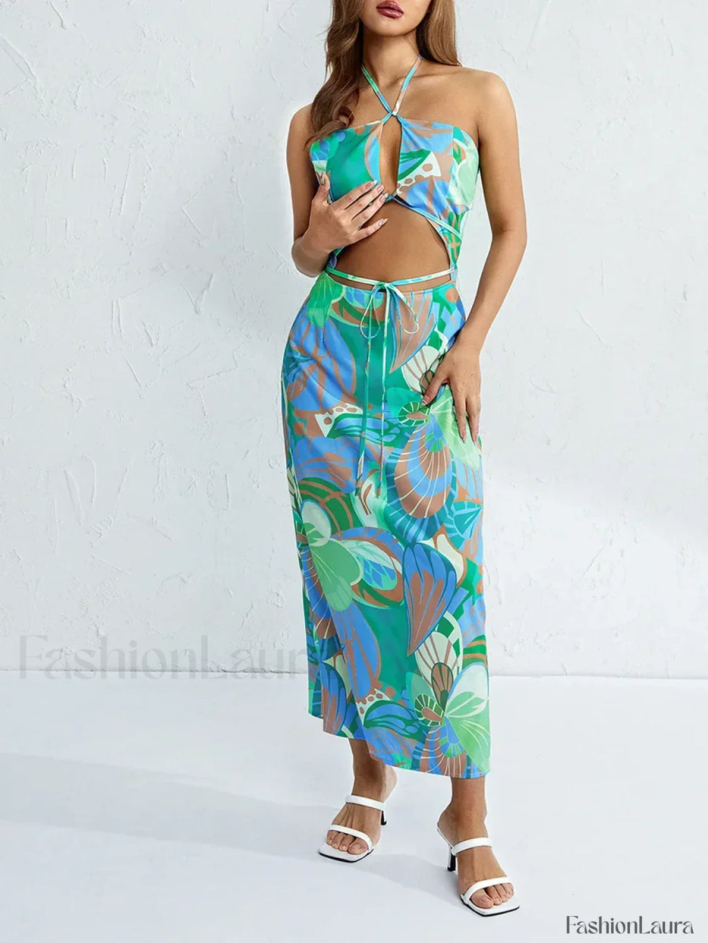 Halter Neck Floral Slit Maxi Dress
