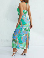 Halter Neck Floral Slit Maxi Dress
