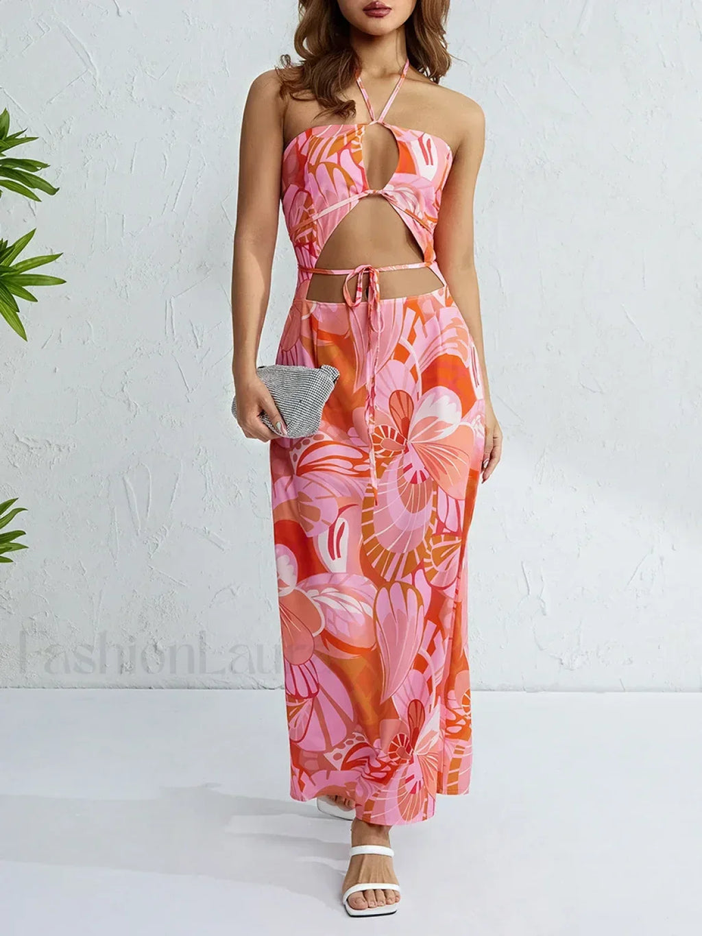 Halter Neck Floral Slit Maxi Dress