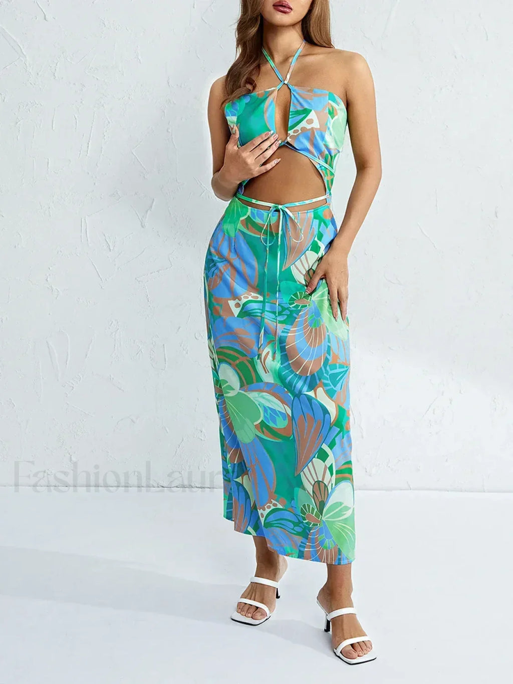 Halter Neck Floral Slit Maxi Dress