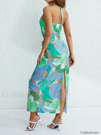 Halter Neck Floral Slit Maxi Dress