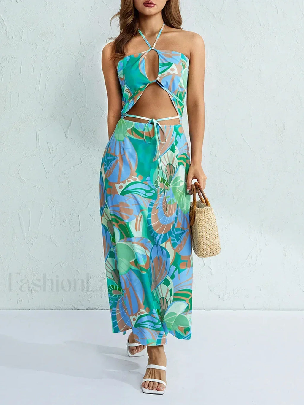 Halter Neck Floral Slit Maxi Dress