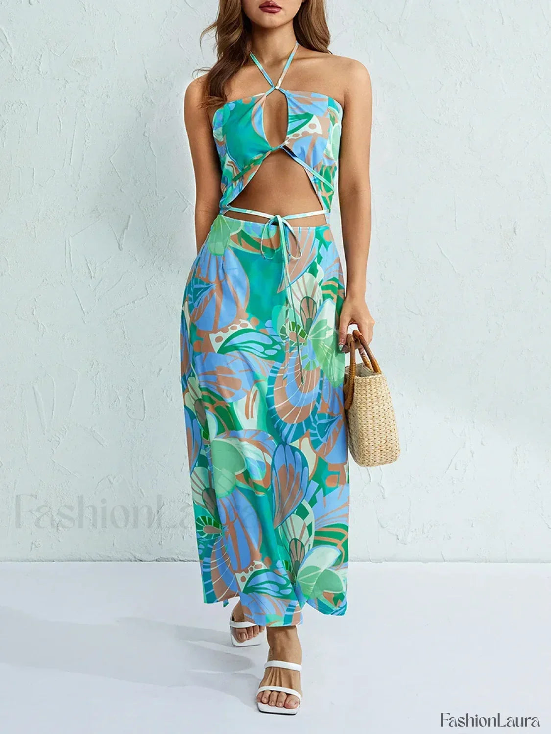 Halter Neck Floral Slit Maxi Dress