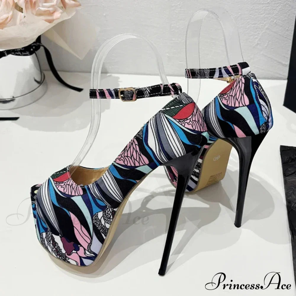 Hand-Painted Leather Platform Pumps Slingback Sandals Peep Toe High Heels Pole Dance Shoes