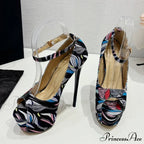Hand-Painted Leather Platform Pumps Slingback Sandals Peep Toe High Heels Pole Dance Shoes