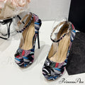 Hand-Painted Leather Platform Pumps Slingback Sandals Peep Toe High Heels Pole Dance Shoes