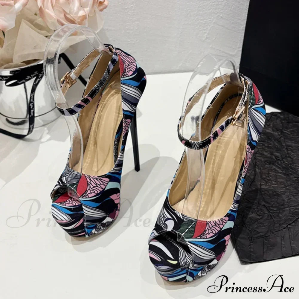 Hand-Painted Leather Platform Pumps Slingback Sandals Peep Toe High Heels Pole Dance Shoes
