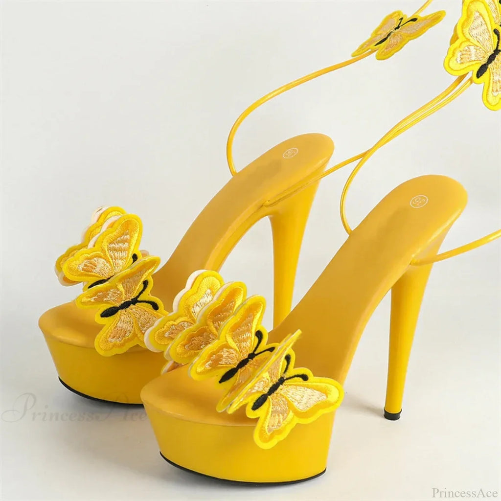 Handmade Embroidery Butterfly Cross Ankle Strap Open Toe High Heel