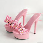 Handmade Embroidery Butterfly Cross Ankle Strap Open Toe High Heel