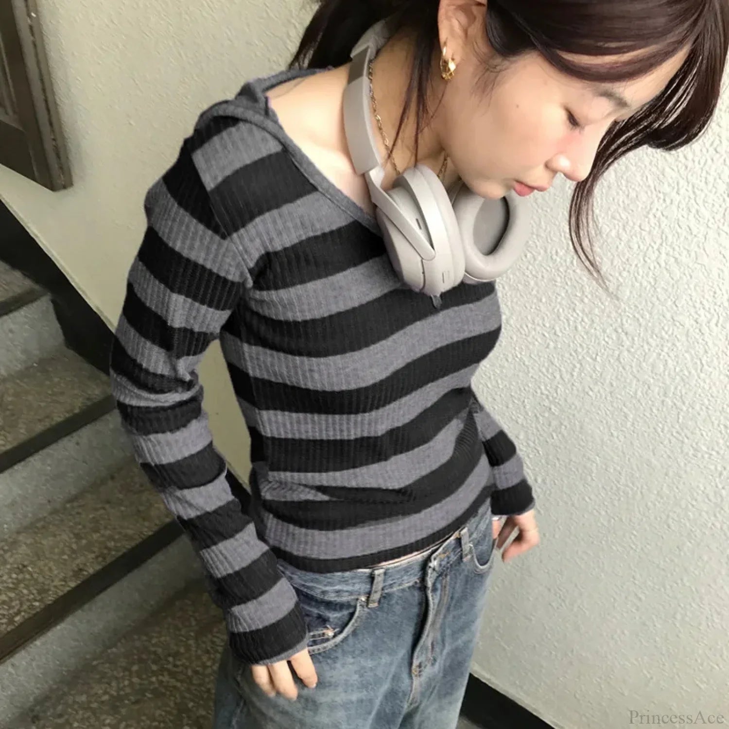 Harajuku Stripe Hooded Slim Contrast Color Long Sleeve Knit Top