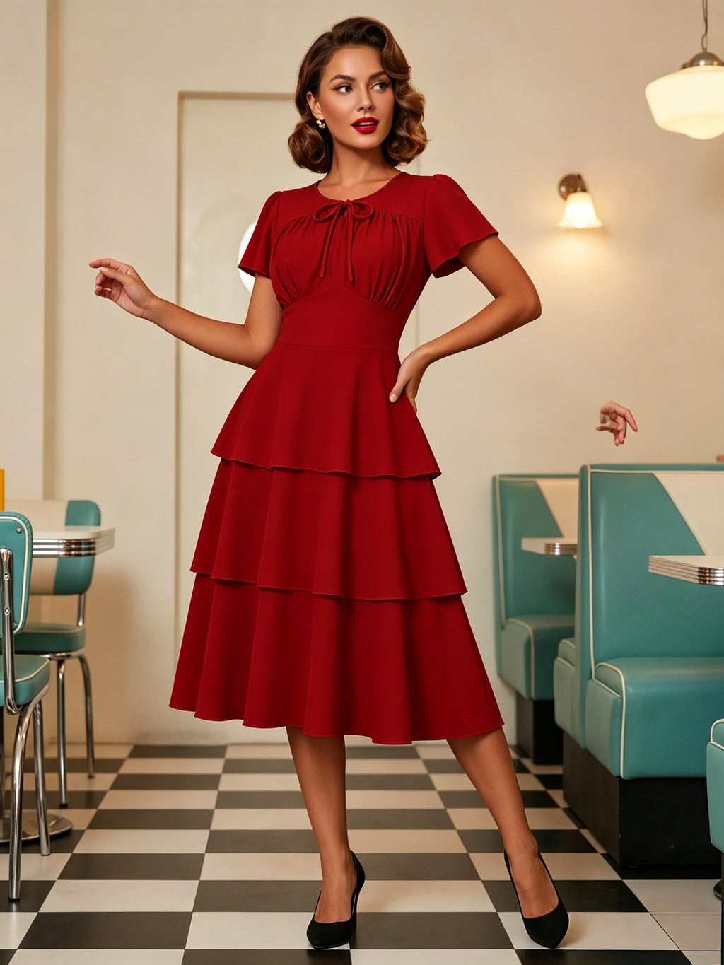 Vintage Dress Women's Elegant Tiered Midi Dress Short Flutter Sleeve Tie Front Fit And Flare Dress