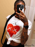 Heart Print Raglan Trendy Short Sleeve Tee