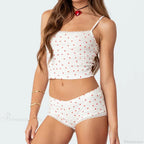 Heart Printed Kawaii Lace Trim Camis Micro Shorts Two Pieces Set