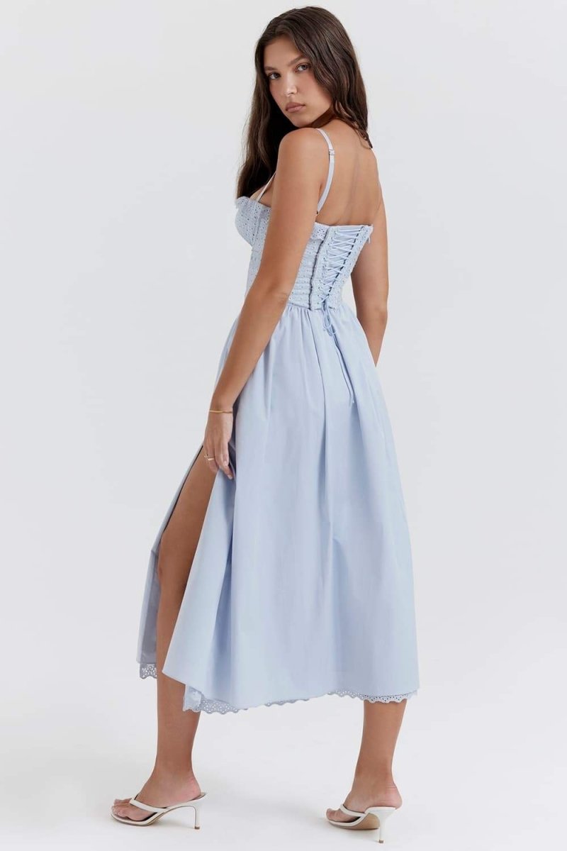 Clara Elevated Embroidered Lace Corset Style Midi Dress Premium Wardrobe Essential