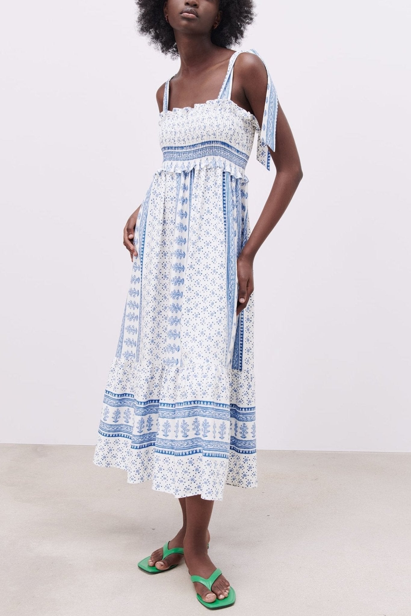 Wanda Chic Printed Midi Dress with Gathered Straps Everyday Luxe Edit