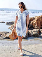Vertical Striped Women's Shirt Dress - Short Sleeve Button Down Midi Dress - Summer Beach Vacation 2026
