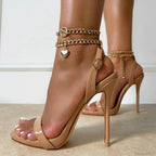 High-Quality Pink Patent-Leather Summer Women's Shoes Sandals Open-Toe Metal-Chain Ankle-Strap Sexy Stiletto High Heel
