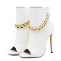 High-Quality White Leather Basic Boots Ankle Sandals Metal-Chain Thin-Heels Peep-Toe Zip Pumps High Heel