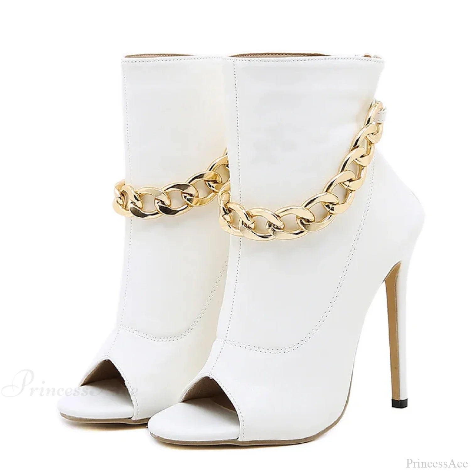 High-Quality White Leather Basic Boots Ankle Sandals Metal-Chain Thin-Heels Peep-Toe Zip Pumps High Heel