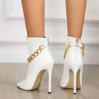 High-Quality White Leather Basic Boots Ankle Sandals Metal-Chain Thin-Heels Peep-Toe Zip Pumps High Heel